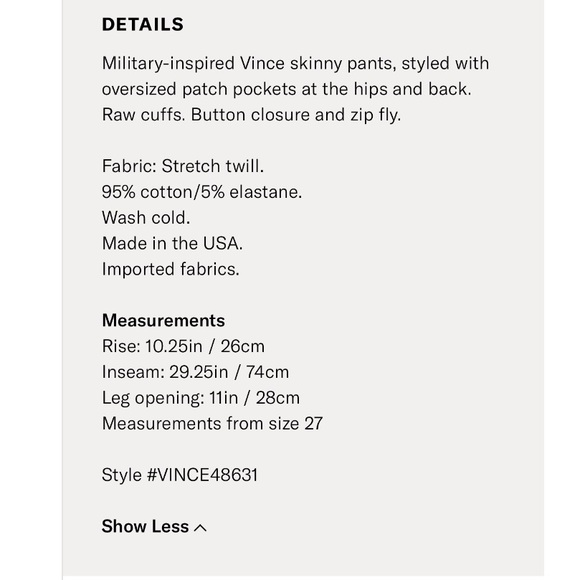 NWT Vince Skinny Military Pant - Picture 5 of 8